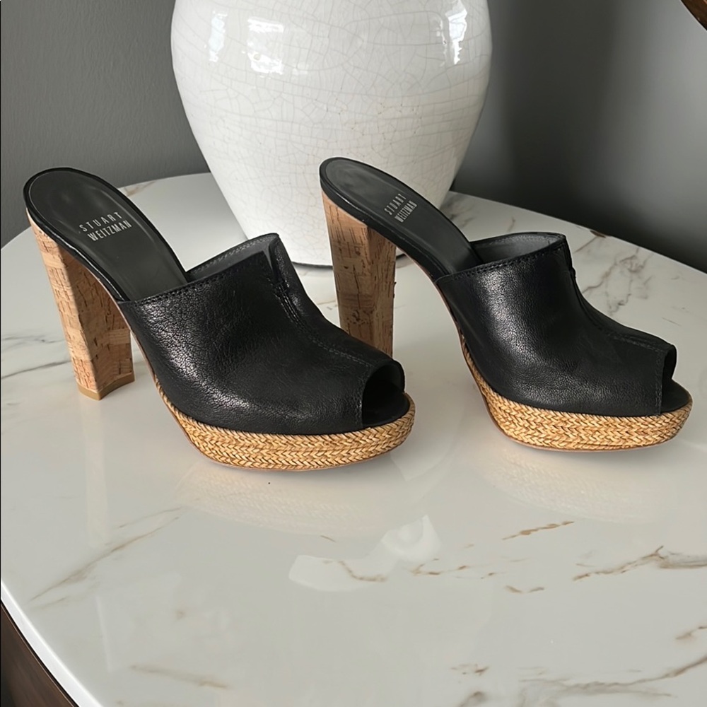 Stuart Weitzman Black Leather Platform Mules